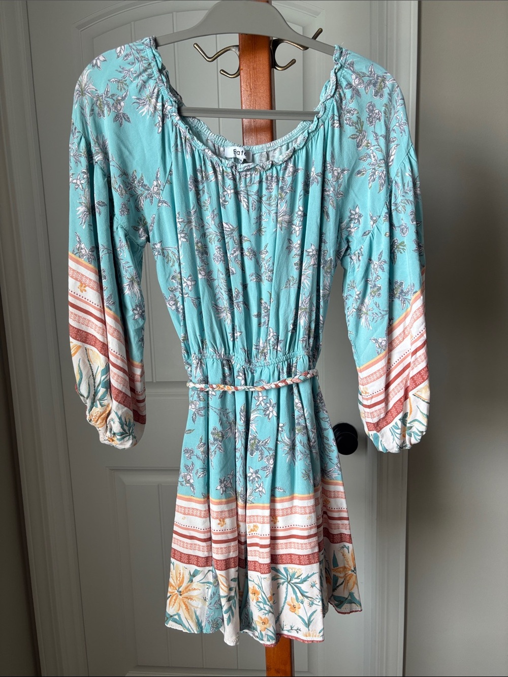 Fate Aqua Floral Mini Dress with Rust & Cream Border